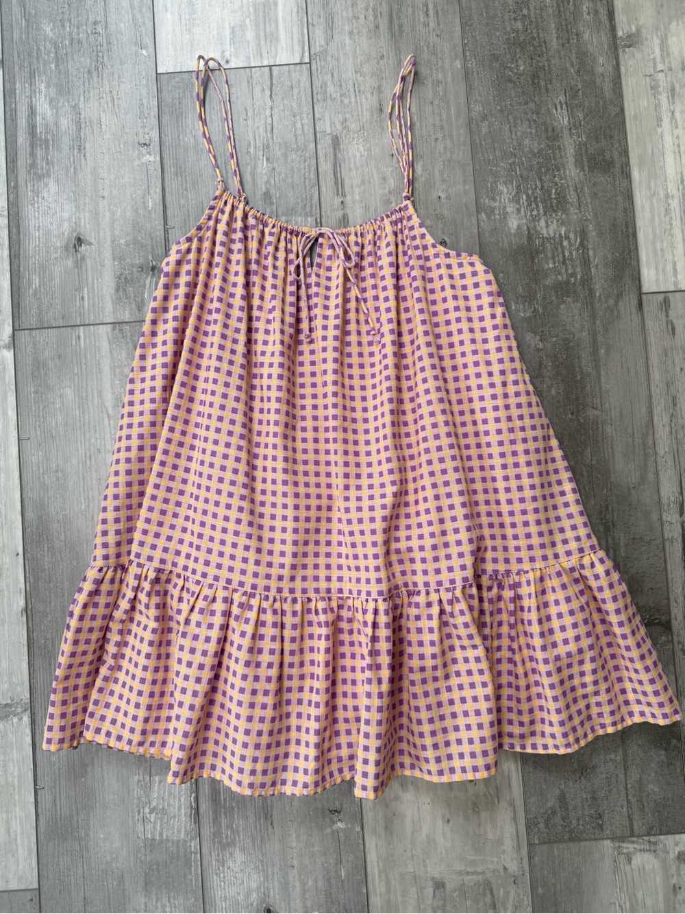 Urban Outfitters Purple Yellow Gingham Tiered Mini Dress Size Small Cotton
